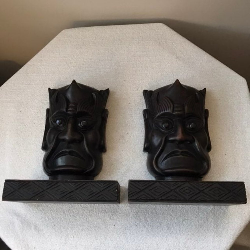 Vtg Carved Wood Genie Gothic Bookends
